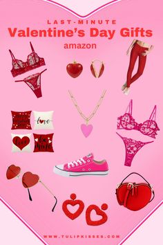 valentine's day gifts are on display in front of a pink background with the words last - minute valentine's day gifts amazon