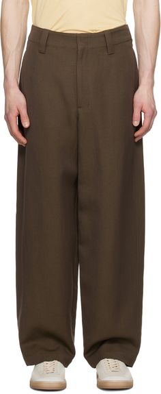 Wide-leg tapered virgin wool- and linen-blend gabardine trousers. · Belt loops · Four-pocket styling · Zip-fly · Cinch tabs at back waist Supplier color: Khaki brown Linen Pants, Bottoms Pants, Linen Blend, Apparel Accessories, Wide Leg, Trousers, Wool, Outfit Accessories, Pants