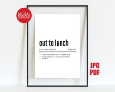 a white poster with the words out to lunch in black and red font on it