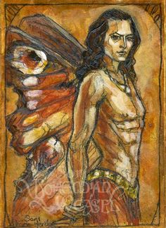 a drawing of a man with long hair and no shirt standing in front of a mirror