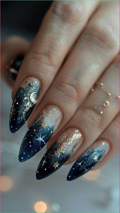 Halloween Celestial Nails, Fall Nail Designs Blue, Moon Nails Design, Moon Inspired Nails, Moon And Stars Nails, Winter Solstice Nails, Las Vegas Nails Ideas, Moonlight Nails