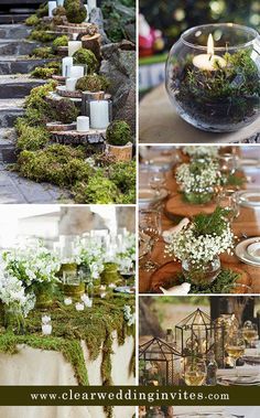 moss covered tables with candles and flowers in them