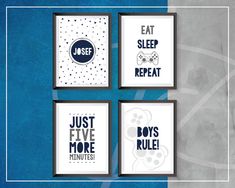 four framed art prints with the words just five more funnies in blue and white