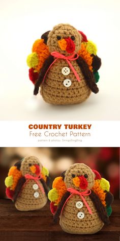 two crocheted turkeys with different colors and patterns