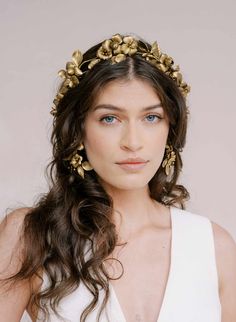 Bridal flower crown, clay flowers - Gilded blossoms regal hair vine - Style #2330 | Twigs & Honey ®, LLC Indian Wedding Headpiece, Bridal Hairstyles With Headband, 70s Hair Accessories, Hair Flower Crown, Vintage Bridal Accessories, Forest Queen, Floral Hairpiece, Vintage Bridal Hair, Floral Headpiece Wedding