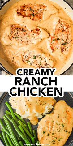 creamy ranch chicken in a skillet with green beans and mashed potatoes