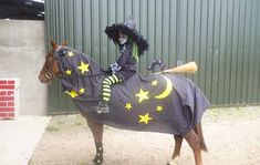 a person dressed up as a witch riding a horse