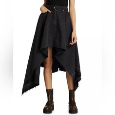 Product Details A Cascading Handkerchief Midi Skirt Cut In Premium Denim To Hold Its Emphasize Its Beautiful Shape. * Zip Closure * Handkerchief Hem * Cotton * Dry Clean * Made In Japan Black High-low Hem Skirt For Fall, Chic Black Skirt With Frayed Hem, Black Cotton Skirt With Asymmetrical Hem, Hankerchief Skirt, Sacai Skirt, Handkerchief Skirt, Midi Skirt Black, Handkerchief Hem, Black Midi Skirt