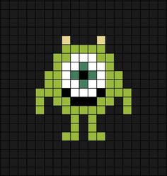 an image of a pixel style character in green and white colors on a black background