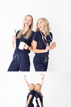 two women in scrubs posing for the camera with their hands up and one holding a coffee cup