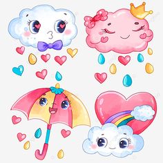 three cute cartoon clouds with hearts, one is holding an umbrella and the other has a rainbow