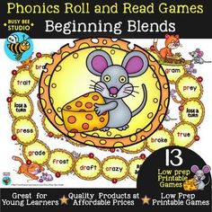 the book cover for phonics roll and read games beginning blends, featuring a mouse