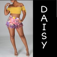 Nwot/Daisy Tie Dye Denim Shorts Stretch Denim Shorts High Waistline Distressed Front Zipper Button Closure Fringe 97% Cotton 3% Spandex Hand Wash Cold Water Size: Medium Note: Measurements Provided Are Of The Product When Laid Flat, Not Body Measurements. Pit To Pit: 13" Fitted Yellow Denim Bottoms, Trendy Yellow Shorts For Spring, Trendy High Waist Yellow Jean Shorts, Trendy Yellow Shorts For Day Out, Yellow High Waist Jean Shorts For Summer, High Waist Yellow Jean Shorts For Spring, Trendy High Waist Yellow Shorts, Cotton Daisy Print Bottoms, Yellow Denim Shorts For Spring