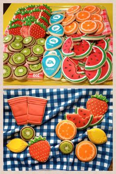 two pictures of different decorated cookies and pastries on a table with gingham cloth