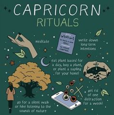 an illustrated poster with captions about capricorn rituals and how to use them