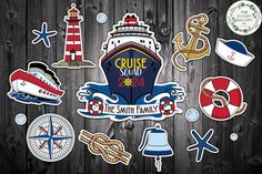 the cruise squad stickers are displayed on a wooden surface with various items around it