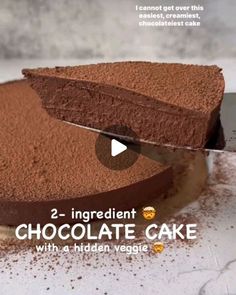 a piece of chocolate cake with a knife stuck in it's center and the words, 2 - ingredient chocolate cake with a hidden veggie