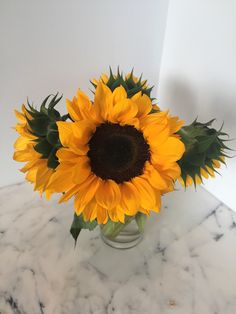 a vase filled with yellow sunflowers on top of a marble table