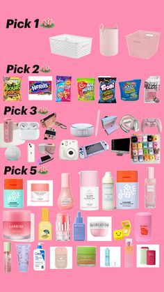 a pink poster with various items on it and the words pick 1, pick 2, pick 3