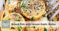 baked fish with lemon garlic butter in a white dish next to a knife and fork