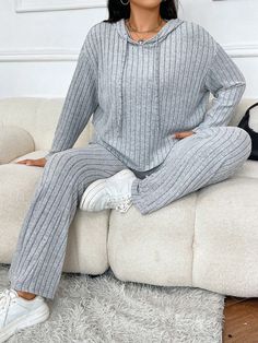 Plus Drop Shoulder Drawstring Hoodie & Pants Light Grey Casual    Plain  High Stretch  Women Plus Clothing, size features are:Bust: ,Length: ,Sleeve Length: Hoodie Jumpsuit, Sundresses Women, Cheap Clothes Online, Traje Casual, Casual Home, Sweatshirt Set, Casual Suit, Hooded Tops, Pajama Set Women