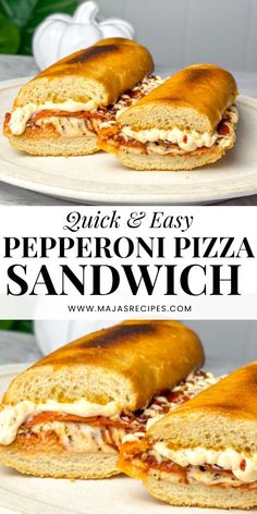 two plates with sandwiches cut in half and the words quick and easy pepperoni pizza sandwich