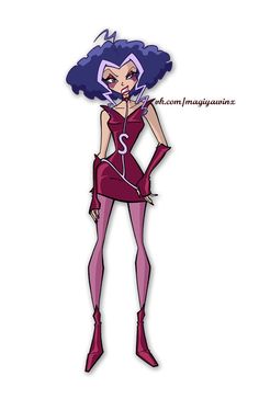 an image of a cartoon character with blue hair and purple makeup, wearing a red dress