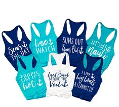 six women's tank tops with different sayings