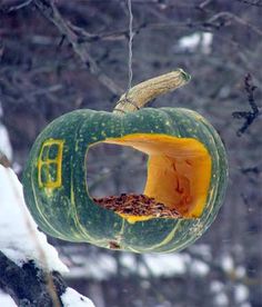 a green and yellow bird feeder hanging from a tree with snow on the ground behind it