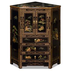 Black Lacquer Chinoiserie Scenery Motif Vertical Mirror Asian Coffee Table, Black Chinoiserie, Zebra Chair, Painted Chinoiserie, Painted Furniture Designs, Glass Cabinets, China Furniture, Whimsical Home, Chinese Furniture