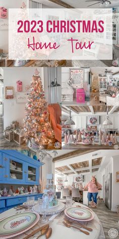 a collage of photos with the words 2013 christmas home tour in pink and blue