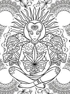 a black and white drawing of a person sitting in the middle of a flower arrangement