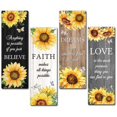 four sunflowers with the words, love and faith on them are hanging from a wooden