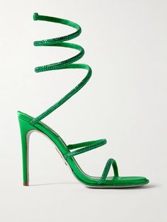 The most important events require noteworthy accessories, like René Caovilla's 'Cleo' sandals. Made from green satin, they're decorated with iridescent crystals along the slim straps, which wrap elegantly around the ankle. Wear yours with mini dresses or allow them to peek out from the split of your gown. Rene Caovilla Shoes, Satin Sandals, Cinch Bag, Iridescent Crystal, Rene Caovilla, Green Satin, Ski Wear, Mini Dresses, Elegant Outfit