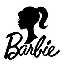 a woman's profile with the word barbie written in black on a white background