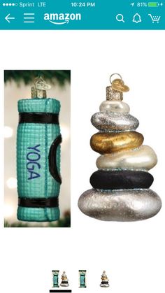 a christmas ornament is shown next to an image of rocks and a water bottle