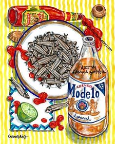 a painting of some food on a plate next to a bottle of modelo pasta