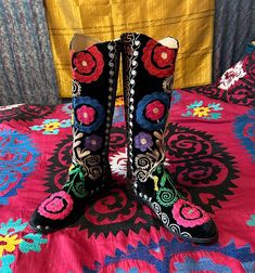 "Gorgeous Turkish Embroidered Boots! These are gorgeous and comfortable. A work of Art!  Excellent Condition! Black velvet embroidered tall boots Boots Sz 42 Euro Sz 10.5 American calf 15.25\" ankle 10.75\" shaft length from above heel to top of boot at the back 14.5\" length of sole 11\" width of sole 3.75\" Please contact me for international shipping rates." Embroidered Leather Knee-high Boots, Embroidered Winter Festival Boots, Winter Festival Embroidered Boots, Western Style Embroidered Festival Boots, Western Style Embroidered Boots For Festival, Western Embroidered Boots For Festivals, Traditional Fitted Boots With Floral Embroidery, Bohemian Embroidered Boots For Festival, Traditional Embroidered Boots For Fall