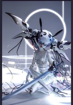 a futuristic woman holding two swords in her hands