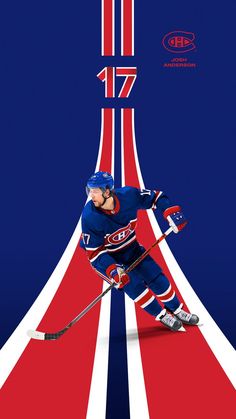 an image of a hockey player on the ice in front of a red white and blue background