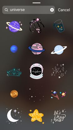 an iphone screen with various stickers on it, including the planets and stars in different colors