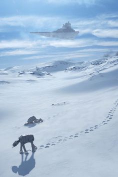 a dog is walking in the snow with a star destroyer in the sky behind him