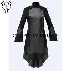 "New Women Cotton & Leather Military Trench Long Coat, Ladies Military Style Gothic Fleece Coat, Steampunk Frock Coat By Cavalry Coats With Worldwide Shipping ARTICLE DESCRIPTION CHARACTERISTICS: Material: Cotton & Leather Custom Fit Style. Main color: Black Professionally stitched Primary and Secondary Colors for the Jacket: The primary color for the jacket is black, and it is crafted from high-quality cotton. Additionally, for the secondary color of the jacket, we offer a range of options in leather. You have the flexibility to select your preferred leather color from the available choices. Size Note: To ensure we create the ideal costume for you, kindly provide the following measurements: Chest Size: Measure the circumference of your chest at its widest point. Waist Size: Measure around Steampunk Outerwear With Stand Collar For Winter, Steampunk Winter Outerwear With Stand Collar, Winter Steampunk Outerwear With Stand Collar, Gothic Winter Workwear Outerwear, Fitted Military Outerwear For Cosplay, Military Style Fitted Outerwear For Cosplay, Black Military Outerwear With Epaulettes, Black Winter Outerwear With Epaulettes, Black Long Sleeve Outerwear With Epaulettes