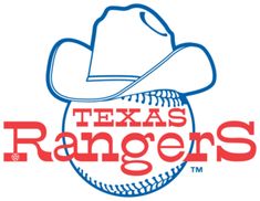 the texas rangers logo is shown in red and blue with a cowboy hat on top