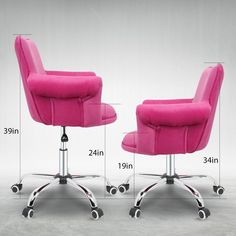 two pink office chairs sitting side by side in front of a white wall with measurements for each chair