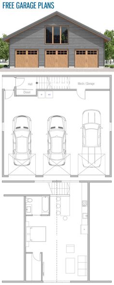 three car garage plans with the floor plan below and two cars parked in front of them