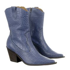 Inspired by the Wild West, these cowgirl boots will make you want to “giddy up” all around town. Their blue denim shade will look ultra-chic with a matching denim outfit. Made of quality, embossed leather, these boots will go with almost anything in your closet. Wear them in the summer with a mini dress or in the fall with stylish leather pants for a night of line dancing. Their small heel will give you a little added height while still providing some ankle support and loads of comfort. Small He Blue Boots Outfit Ankle, Western Denim Blue Boots For Fall, Western Style Denim Blue Boots For Fall, Denim Blue Western Boots For Fall, Western Blue Leather Heeled Boots, Western Style Blue Leather Heeled Boots, Blue Leather Western Heeled Boots, Western Denim Boots For Rodeo, Western Boots With Round Toe In Denim Blue