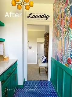 an entry way leading to a bathroom with colorful wallpaper