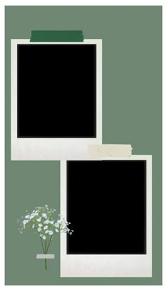 two square frames with flowers in them against a green background, one is empty and the other has no image on it