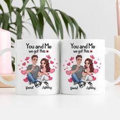 two personalized coffee mugs with the same image on them